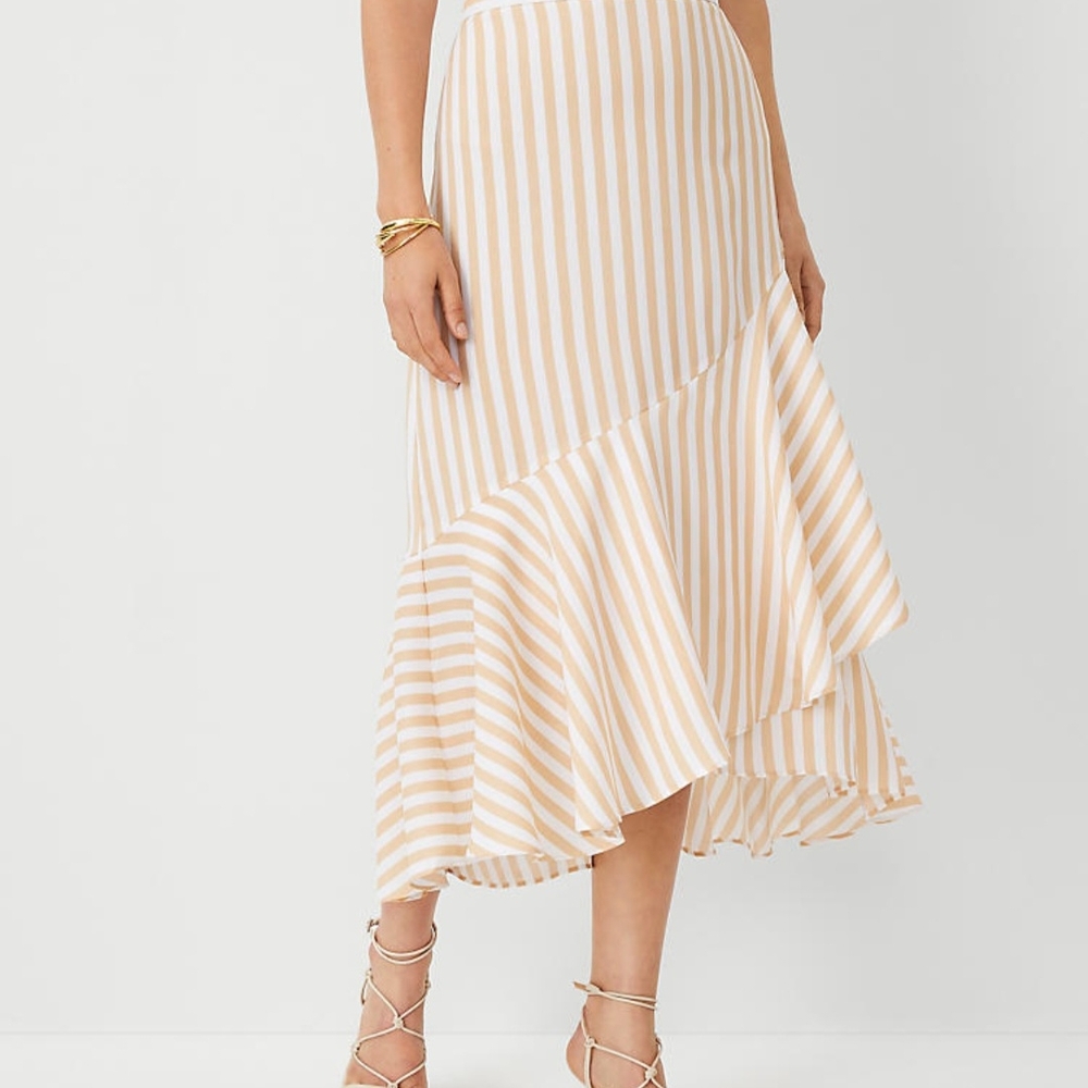 Ann Taylor Cream and Tan Striped Midi Skirt